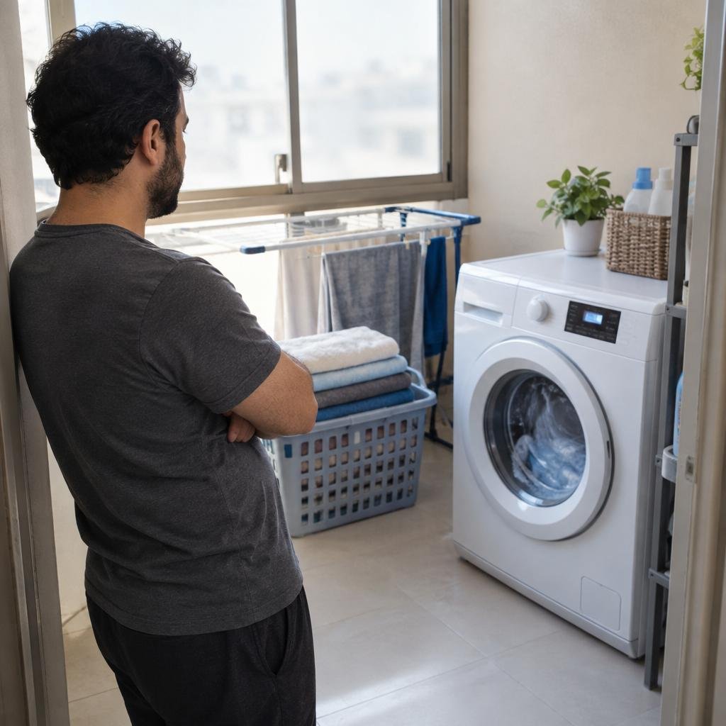 رجل واقف في ركن غسيل بشقة في الكويت يراقب غسالة أمامية تعمل وشاشتها مضيئة ليقارن وقت البرنامج